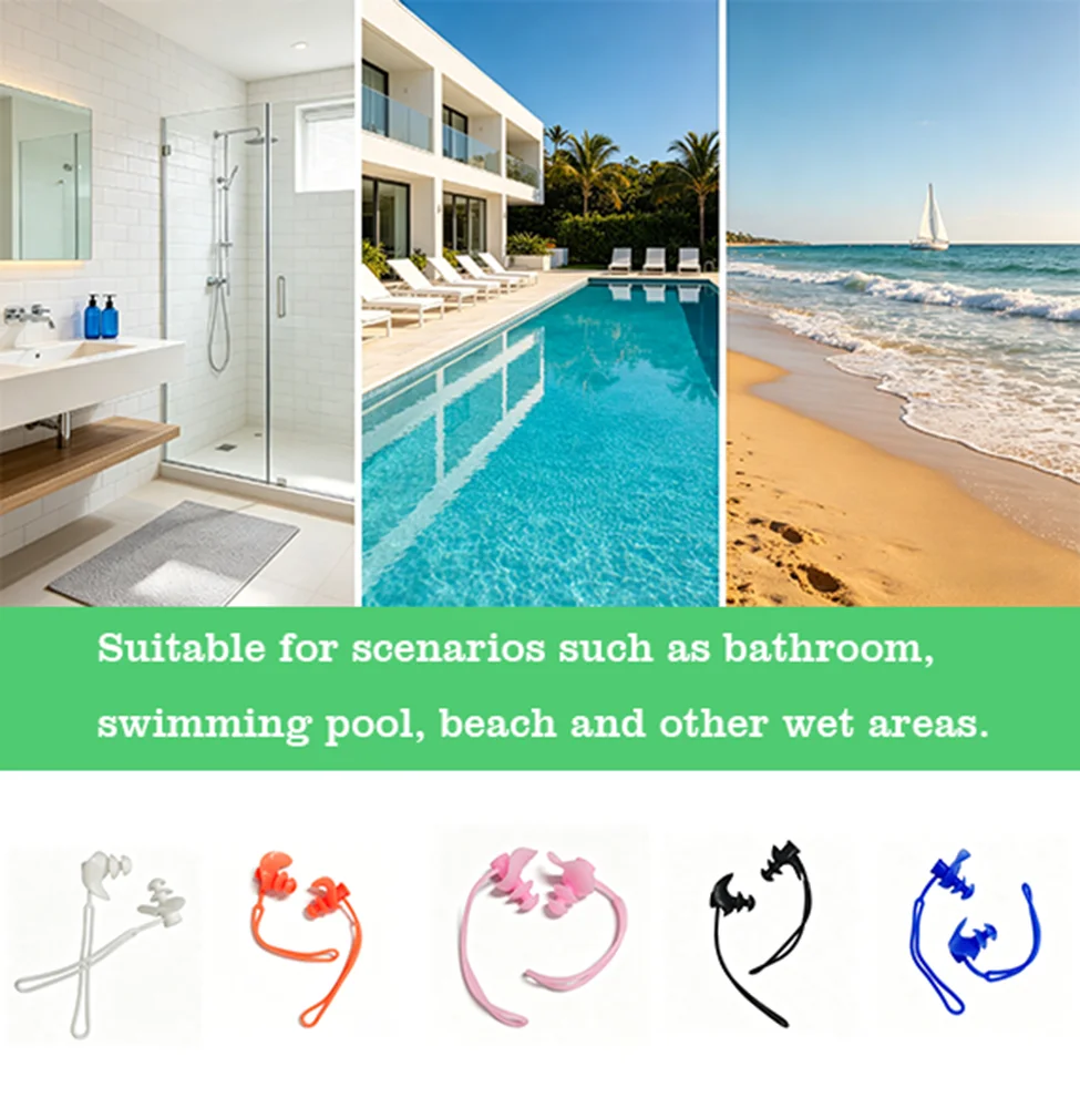 Waterproof Reusable Soft Silicone Swimming Earplugs with a Lanyard to Avoid Losing Comfort Fit for Swimming Home Use