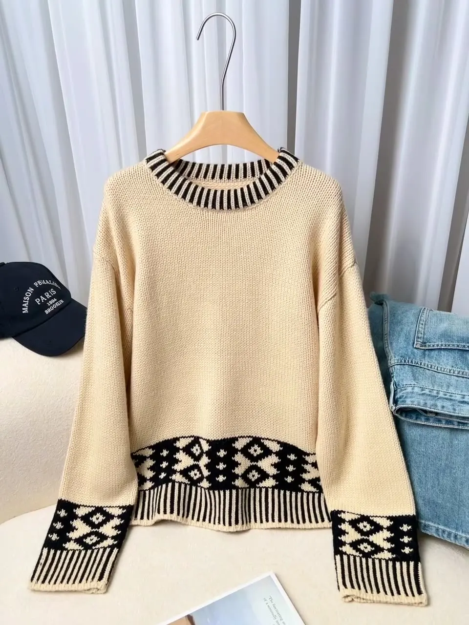 2024 Winter New Style Sheep Wool Slant Pocket Decorative Shape Loose Women's Pullover Sweater