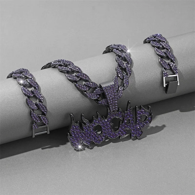 Men Women Hip Hop Purple Zircon NOCAP Pendant Necklace With 13mm Cuban Chain Iced Out Bling Flame Letter Fashion Jewelry