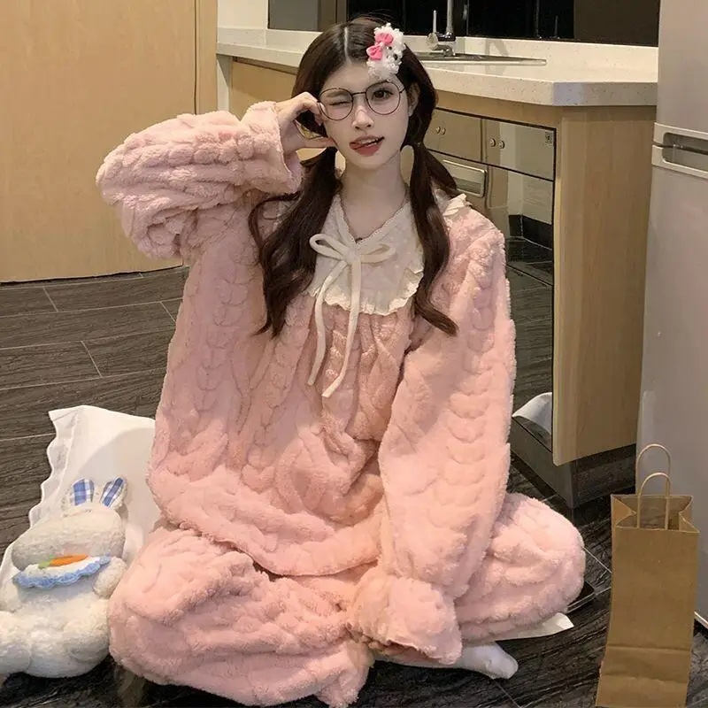 

Fashion Homewear Sexy Pajama Set New Matching Sets New Coral Velvet Sleepwear Sweet Wind Autumn/Winter Cute Home Furnishing Set