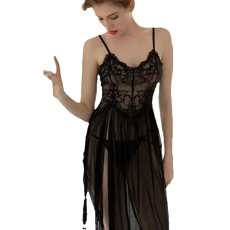 

Женская пижама с длинным разрезом, сетчатая прозрачная Домашняя одежда, кружевное женское платье, халат, нижнее белье