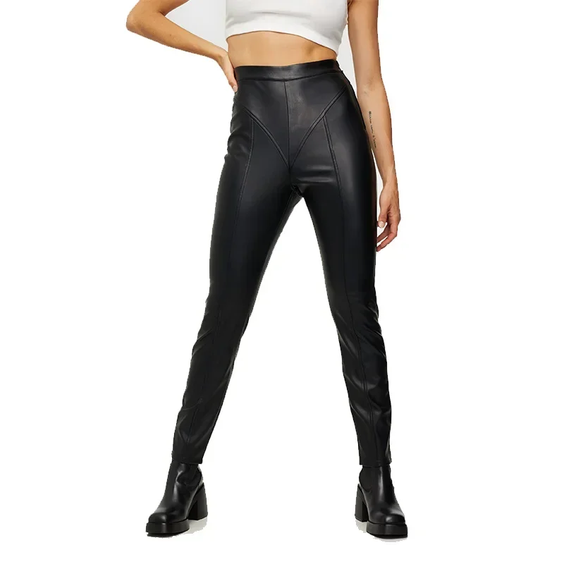 Chic Sexy Women Gothic Splicing Matte Stretch Faux Leather Bodycon Pants Ladies PU Leather Hem Zip Pencil Trouser Support Custom