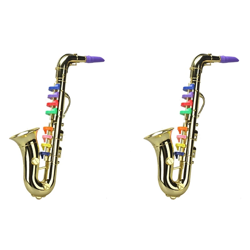 2X Saxophone 8 Colored Keys Metallic Simulation Props Play Mini Musical Wind Instruments For Children Birthday Toy Gold