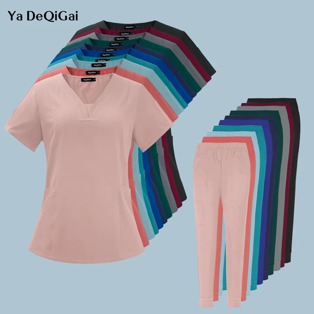 Conjunto de ropa de trabajo para enfermera, Top y pantalón de enfermería, Color sólido, resistente al cloro, traje de trabajo