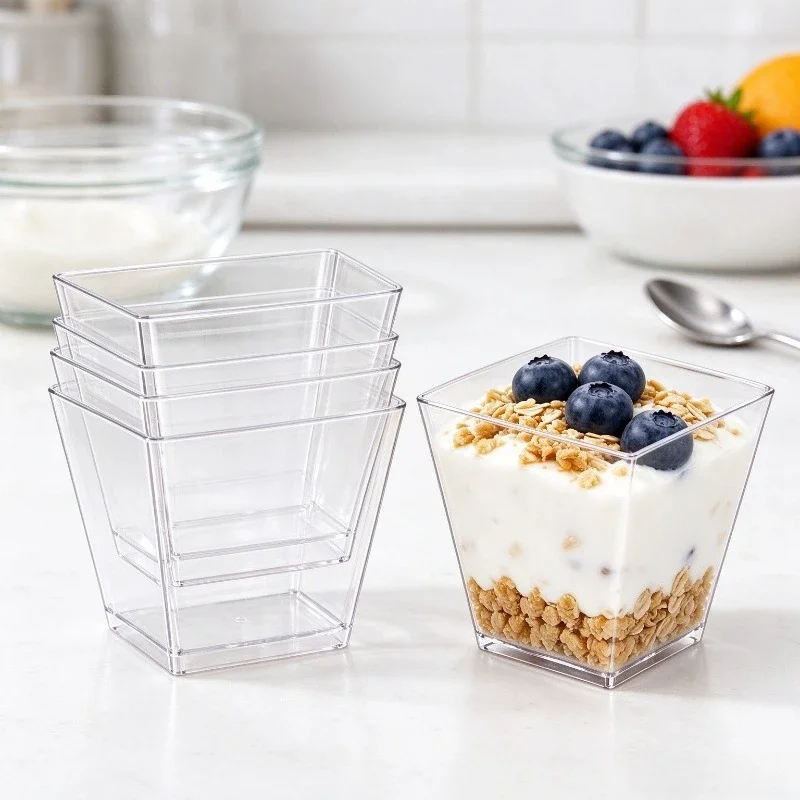 50PCS Transparent Square Plastic Dessert Cups Mousse Pudding Yogurt Sweet Containers Wedding Party Event Disposable Serving Cups