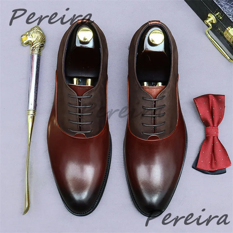 Retro Suede Patchwork Men's Oxford Shoes Pointed Toe Low Heel Cowhide Business Dress Shoes Comfortable Party Gentleman Shoes