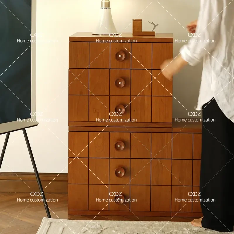 Solid Wood Retro Button Module Cabinet Bedroom Bedside Table Locker Living Room TV Cabinet Multifunctional Storage Cabinet