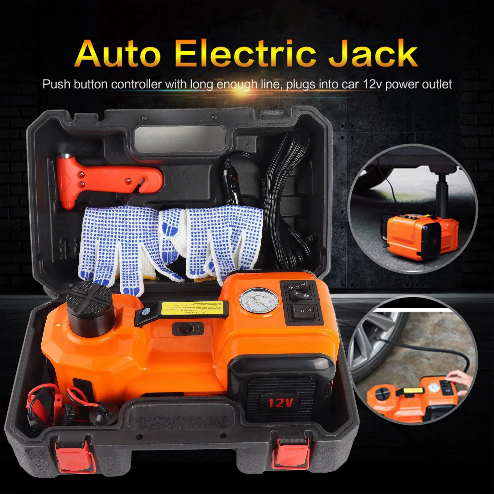 12V 5T Illumination Inflating 3 Function Electric Hydraulic Jack  Wrench &amp Air Compressor Auto Electric Jack Auto Jack