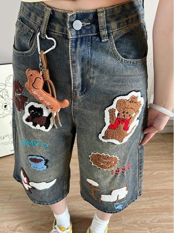 American Style Retro Washed Plush Cartoon Embroidery Design 7/8 Length Loose Women's Jeans High Waist Summer Casual Denim