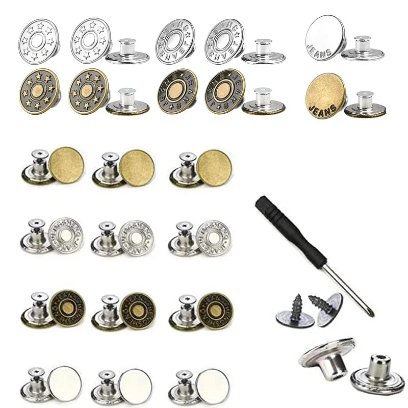 100Pcs Jean Buttons Replacement 17mm No Sewing Metal Button Nailless Removable Jean Buttons  Sewing Accessories Send Screwdriver