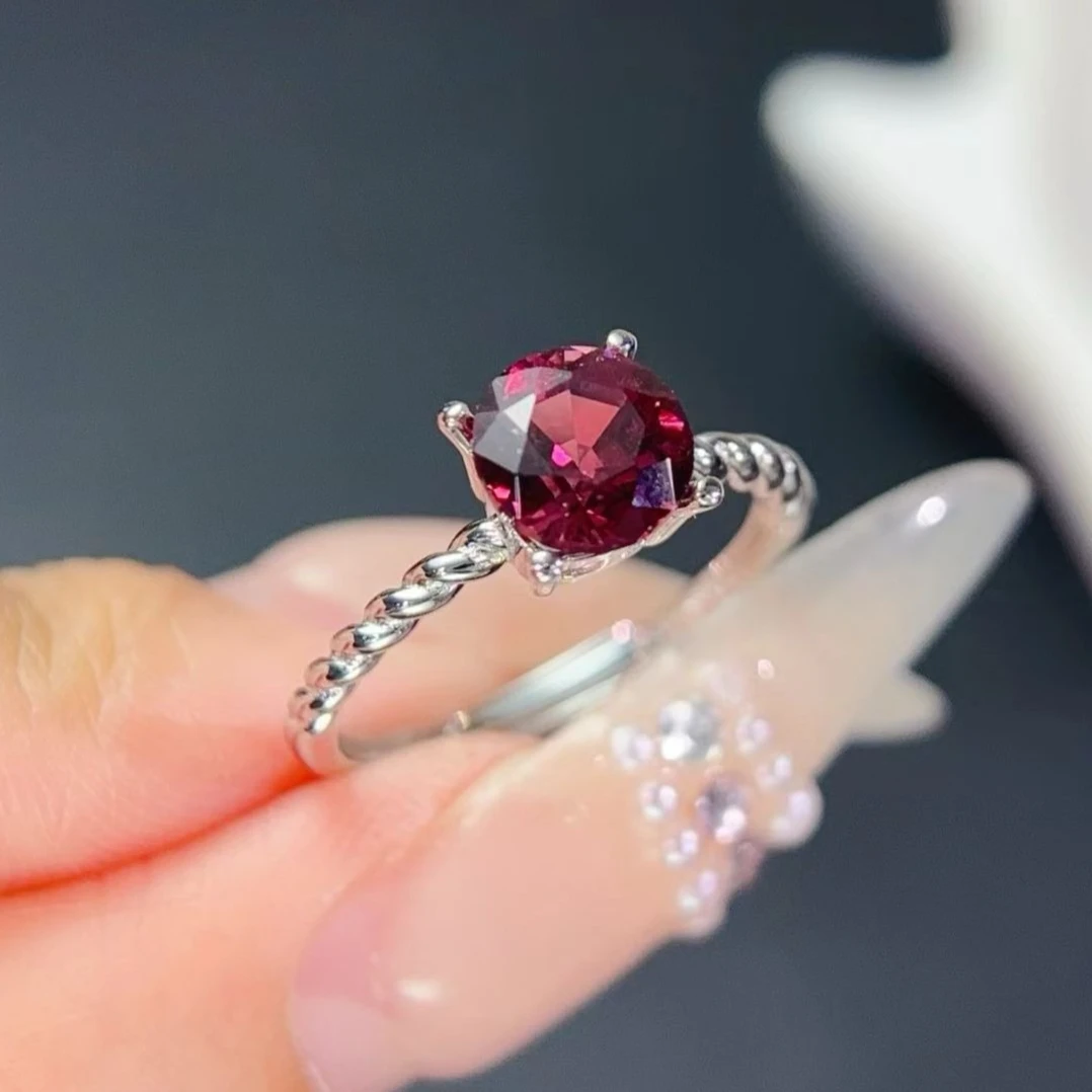 

Simple 925 Silver Ring 7mm 1ct Natural Pyrope Garnet Ring with Certificate 18K Gold Plated Silver Garnet Jewelry