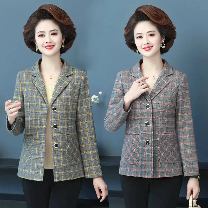 

High-grade Women Fashion Short Lattice Jacket Spring Autumn Ladies Large Size 5XL Suit Tops Middle Aged Mother Long Sleeves Coat
