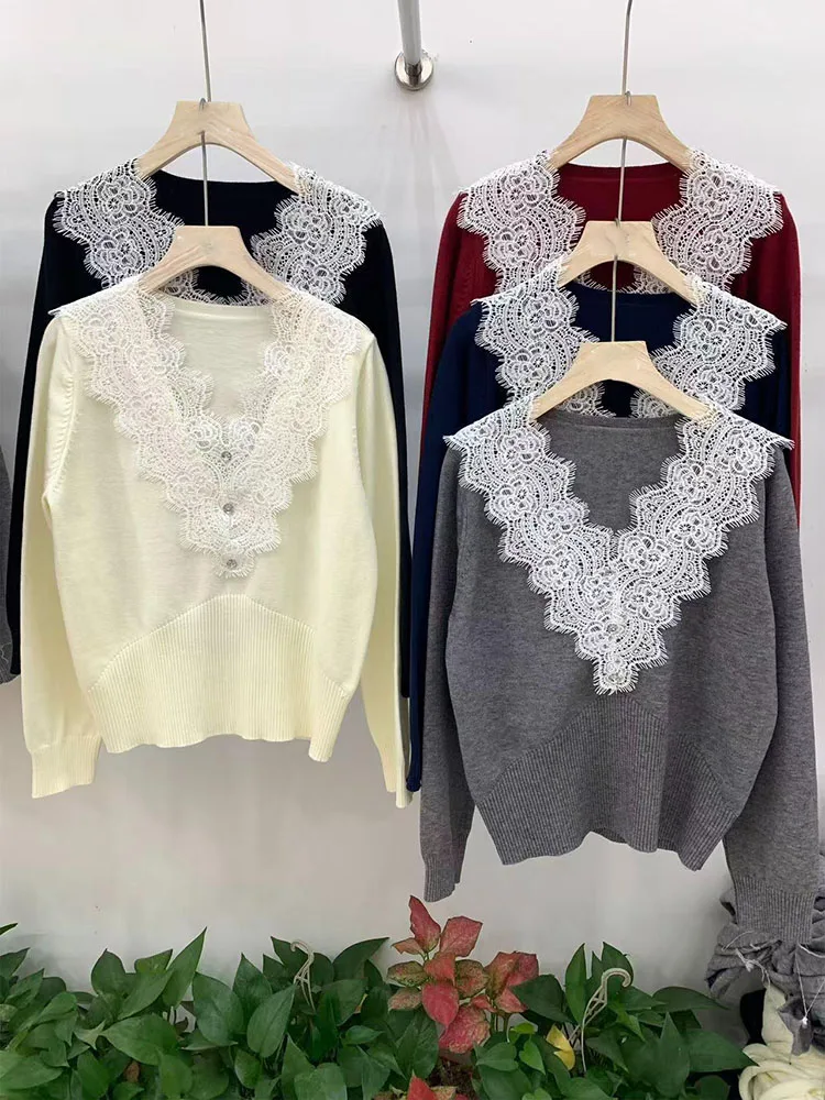 Women's V-neck Lace Sweater Spring Autumn Solid Color Splicing Pullover Tops French Fashion Elegant Female Knitted Top
