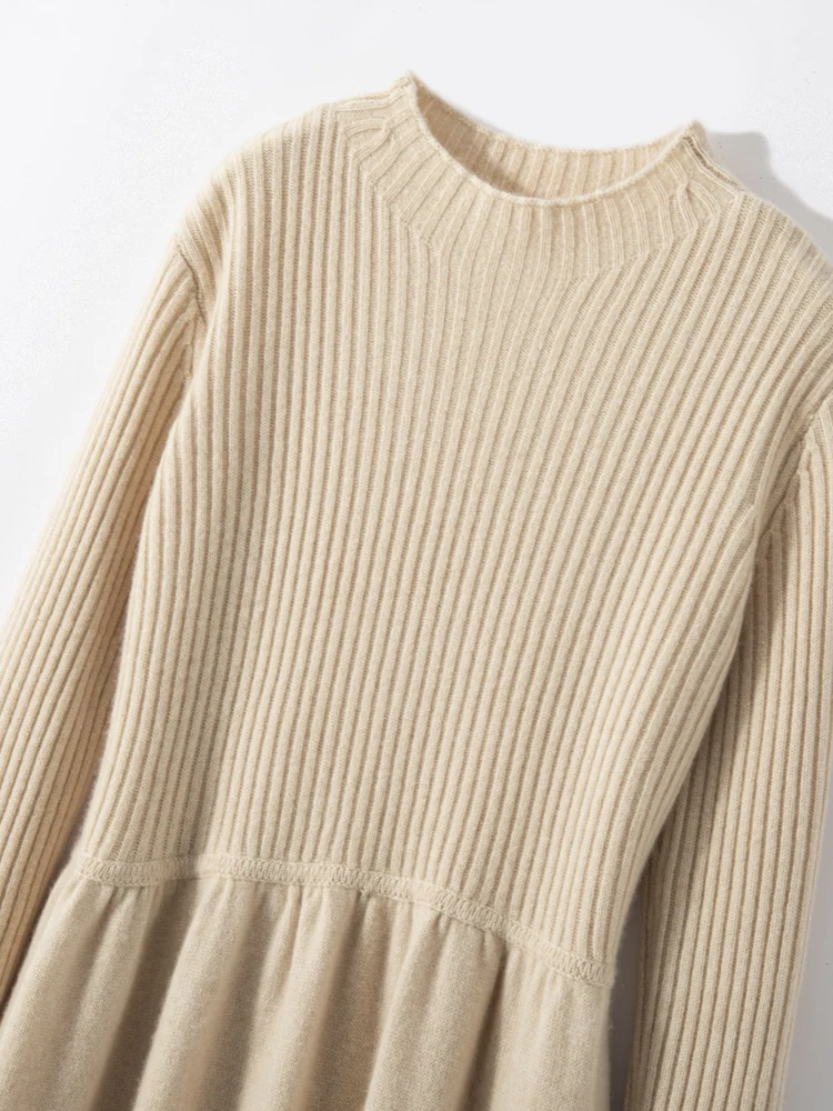 

Women Cashmere Dress Mock Neck Sweater Pullover Autumn Winter Thick A-Line Dress 100% Cashmere Knitwear Chic Office Lady Skirts