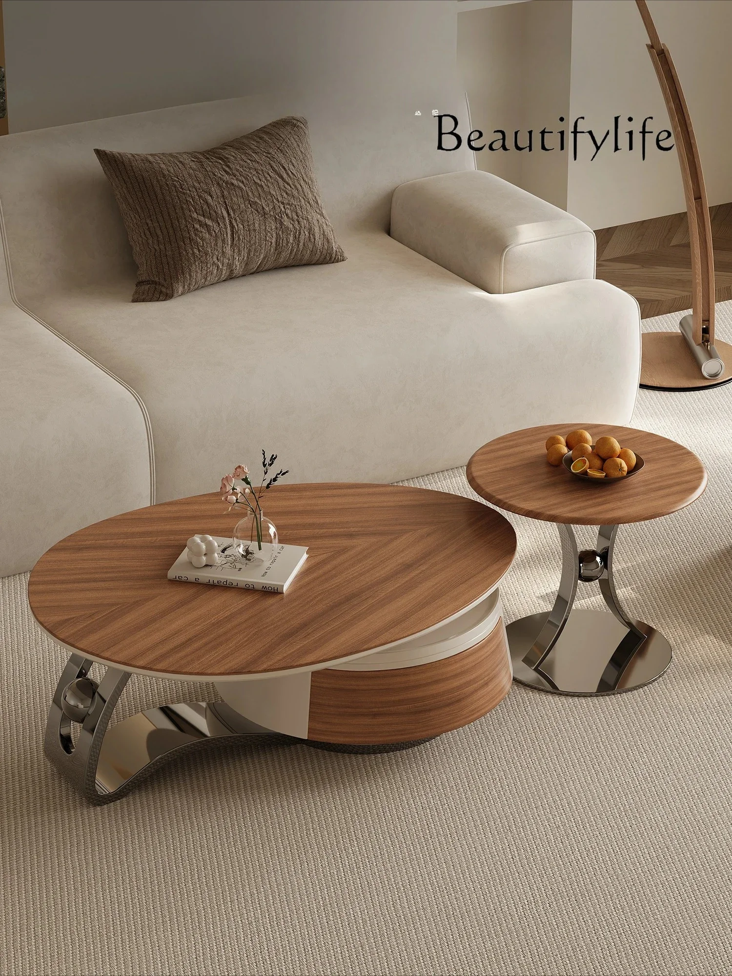 

yj5 special-shaped coffee table combination light luxury stainless steel slate walnut leather living room household small apartm