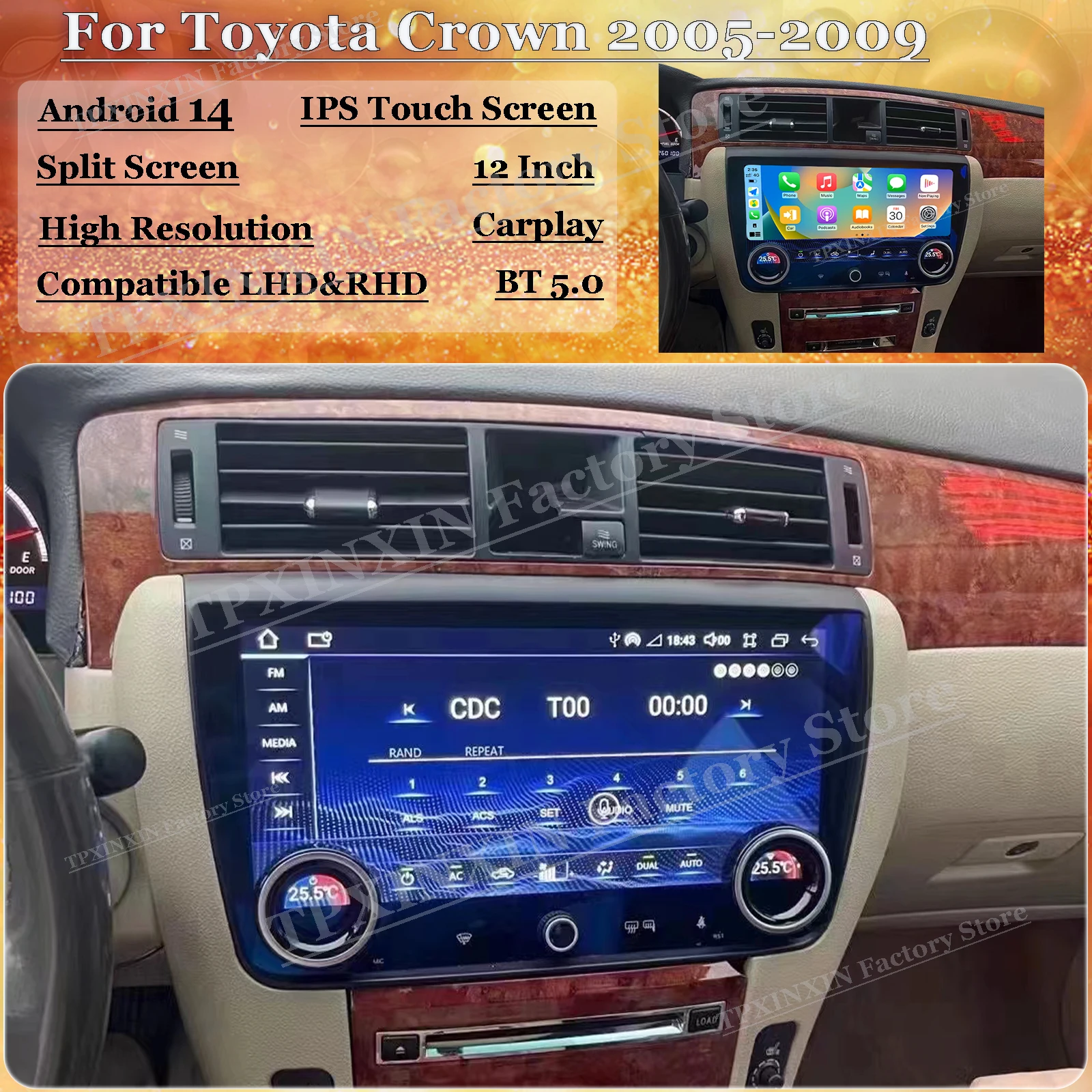 

12-дюймовый автомобильный мультимедийный Android-ресивер для Toyota Crown 2005-2009: автомагнитола, GPS-навигация, головное устройство