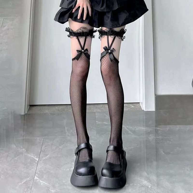 Sexy Mesh Fishnet Thigh High Stockings JK Lolita Girl Long Socks Stocking Japanese Style Lace Bowknot Suspender Knee High Sock