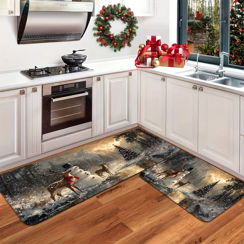 VIKAMA Kitchen Mat Snowman Snowflake Print Pattern Excellent Christmas Home Decor Mat Kitchen Rugs Living Room Carpet Welcome
