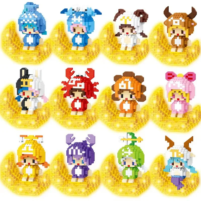 Kawaii Moon Twelve Constellations Building Blocks Aries Taurus Gemini Model Sagittarius Mini Brick Toys For Kids Gift With Light