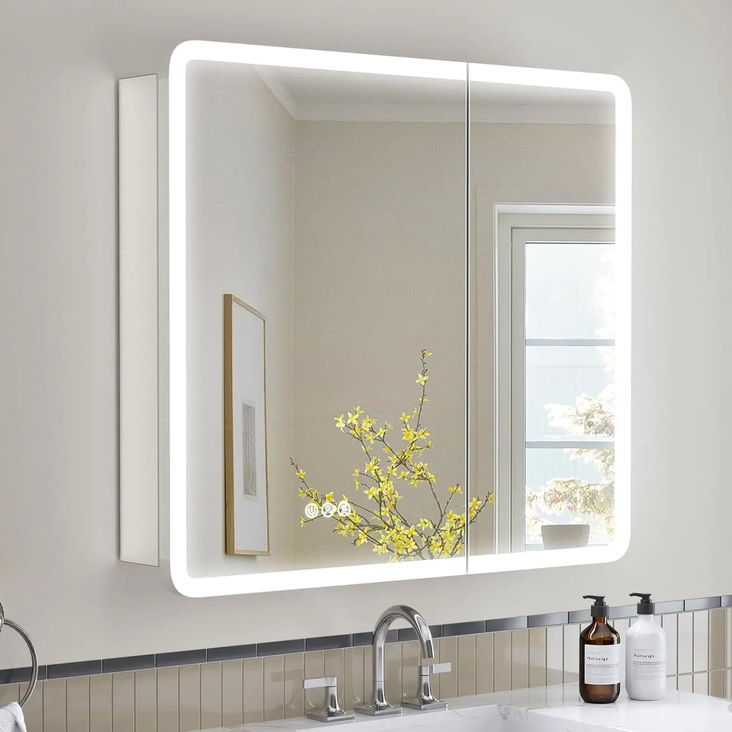 Medicine Cabinet Mirror with Light, Aluminum Frame, Outlets & USB & Type-C, Plug-in or Hardwired, Recessed2 Shelf, Customized
