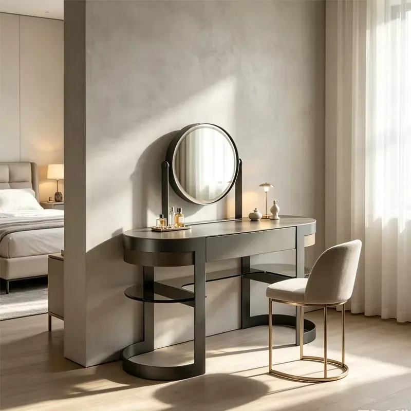 Table with Mirror Curved Metal Frame, Oval Leather Top Drawer Makeup Vanity Table for Bedroom Villa Hotel