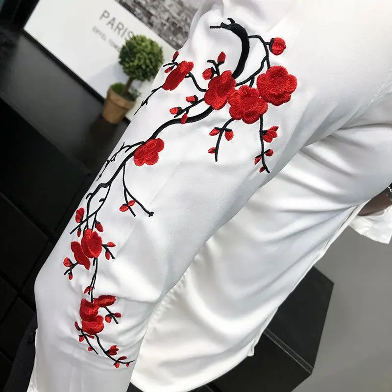 Spring Slim Floral Embroidery Long-sleeved Men\'s Shirts Harajuku Y2K Korean Casual Fashion Trend POLO Collar Tops Male Clothes