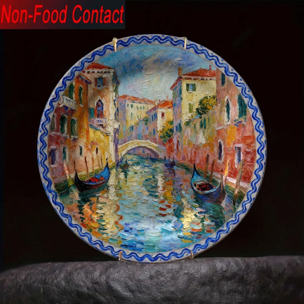 1pc Venetian Canal Landscape Ceramic Decorative Plate - Non-Food Contact, Vibrant Venice Italy Art with Gondolas & Bridge