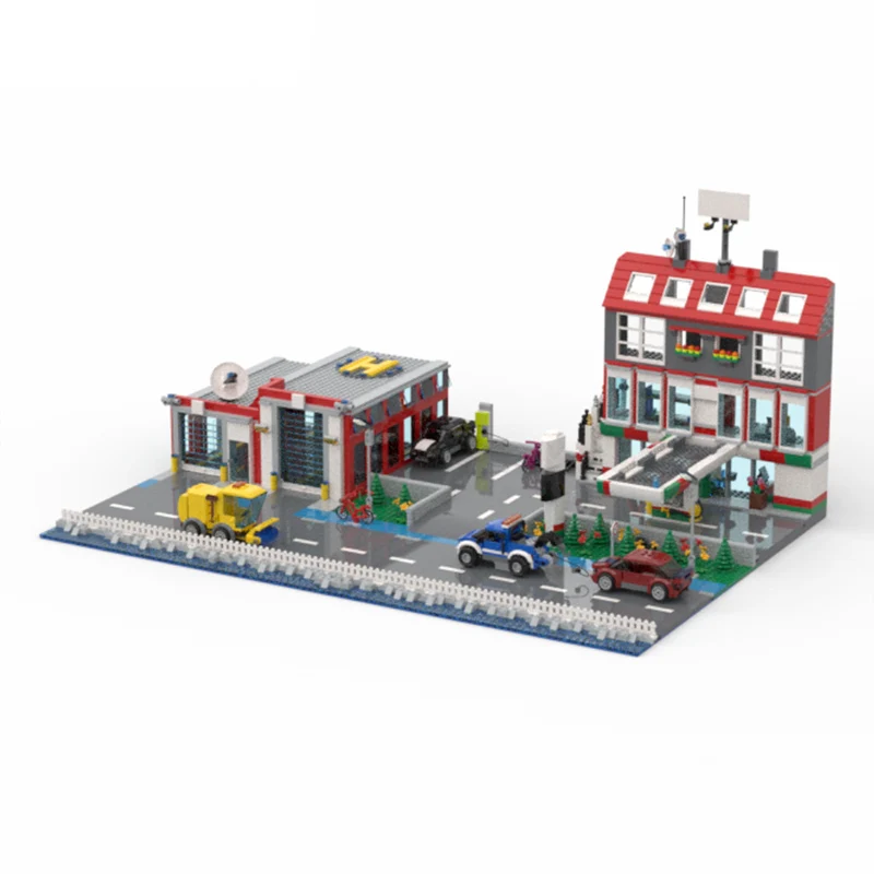 Street View Model MOC Building Bricks Service Station And Fire Station Modular Technology Children Holiday Gifts Assemble Toys