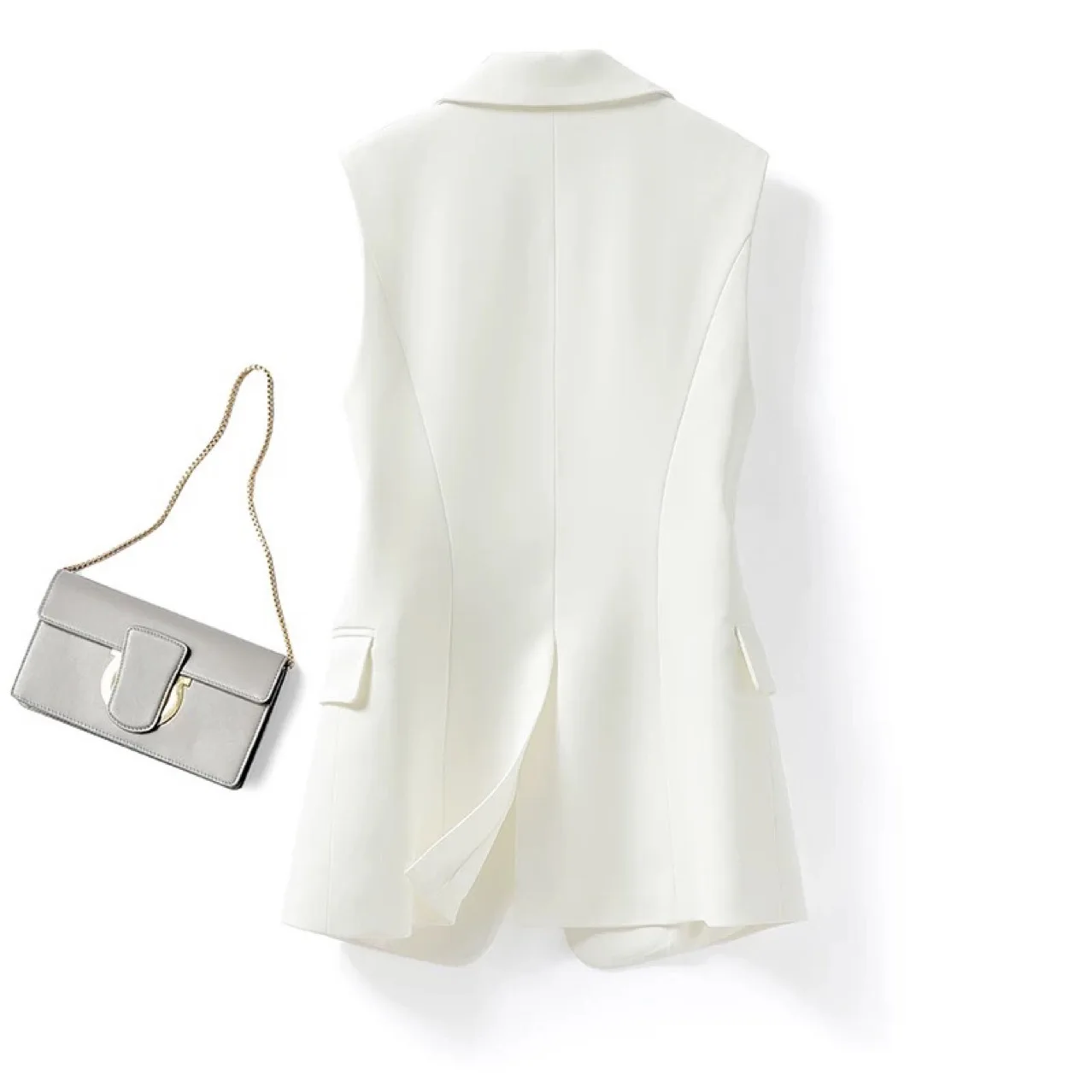 Colete Midi Feminino em Cor Sólida com Design de Um Botão e Gola de Terno, Moda Casual em Mistura de Poliéster e Algodão