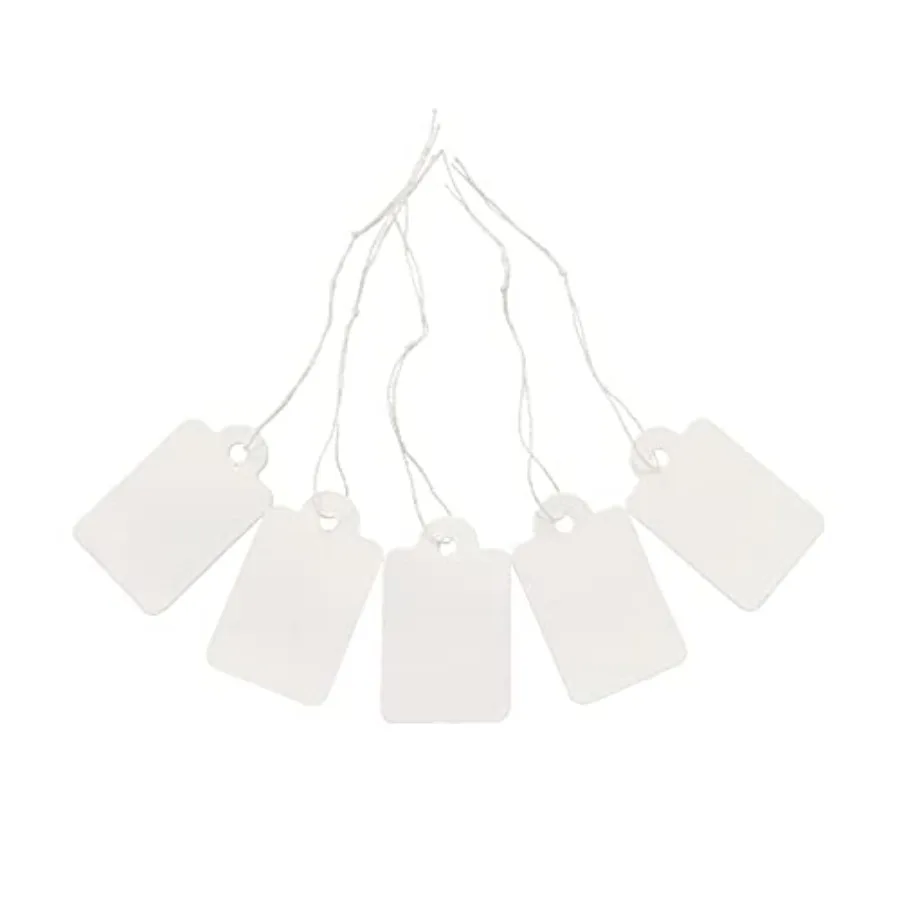 200 علامة عرض بيضاء مع سلسلة للملابس والمجوهرات مقاس 1.38 × 0.87 بوصة