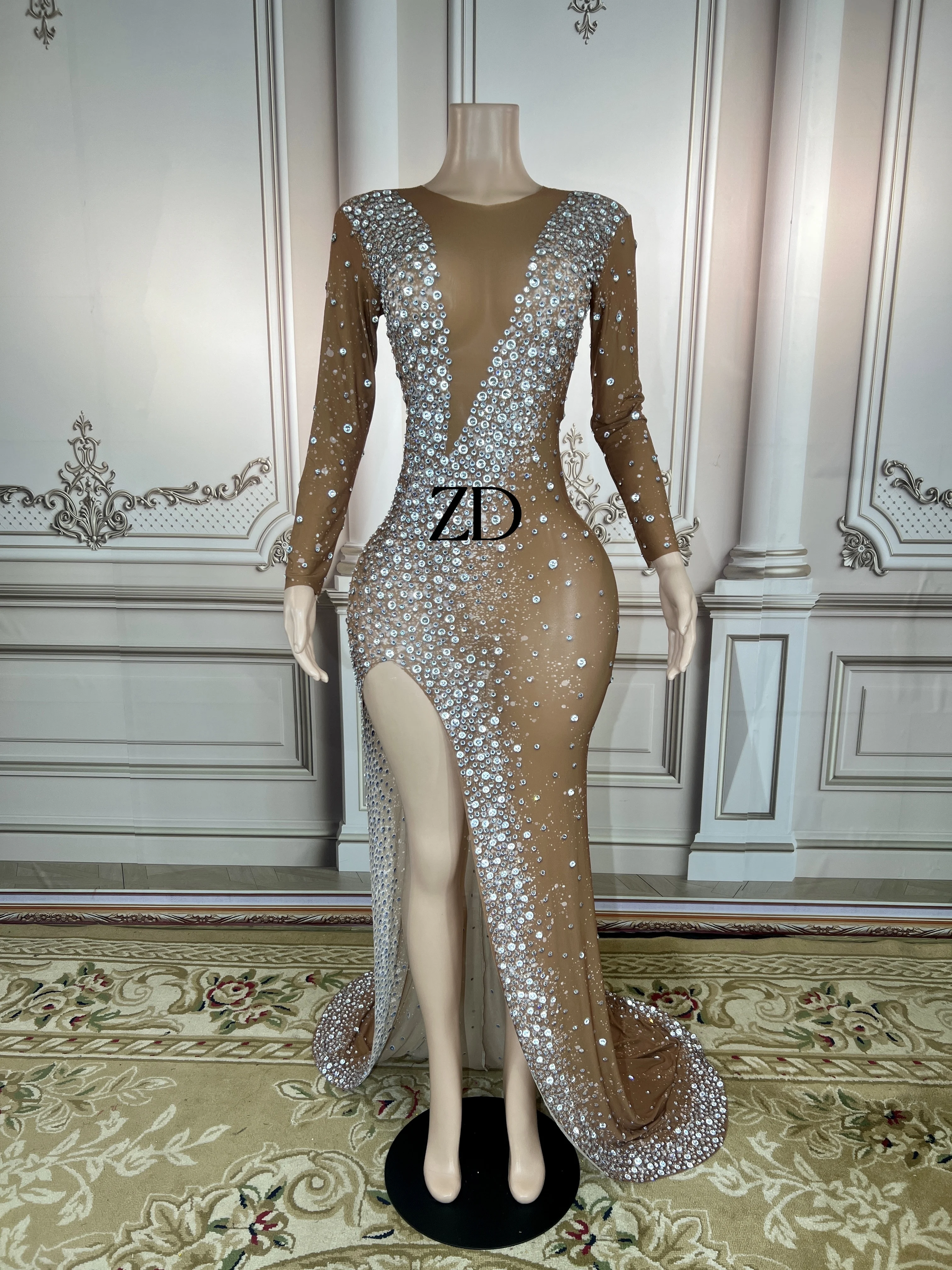 

Elegant Wedding Party Rhinestone Mermaid Dress for Women Sexy Evening Long Dress Prom Crystal Trailing Dress plus size