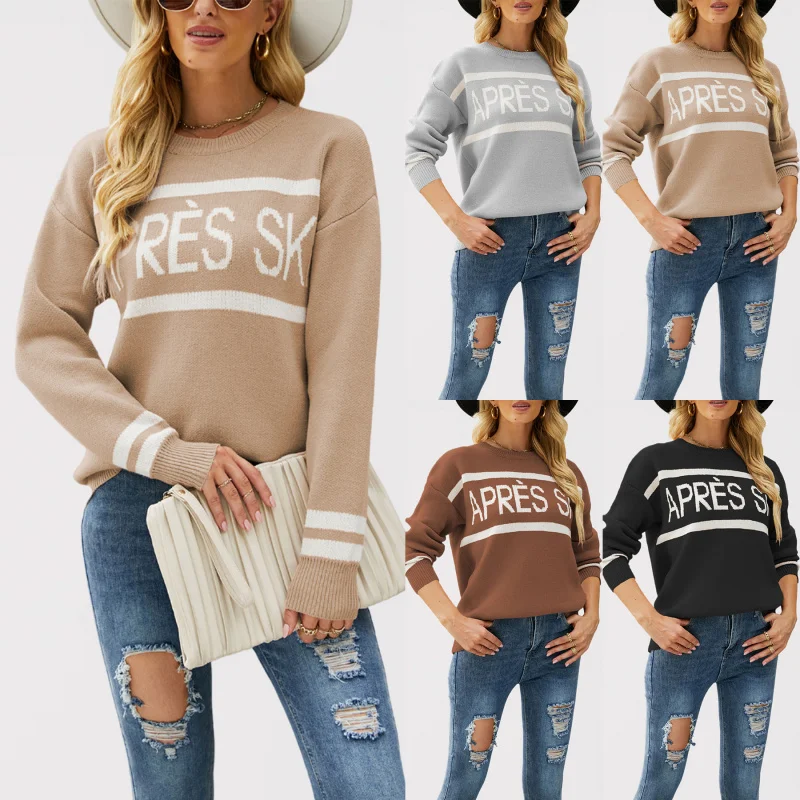 

New European and American Style 2025 Autumn Winter Temu Hot Sale Round Neck Letter Jacquard Casual Women's Knitted Sweater