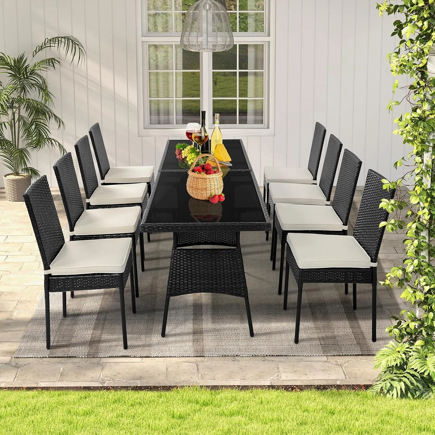 10 Pieces Wicker Patio Dining Set Outdoor Rattan Table & Chairs Set with Padded Cushions, Patio Furniture Dining Glass Table Set