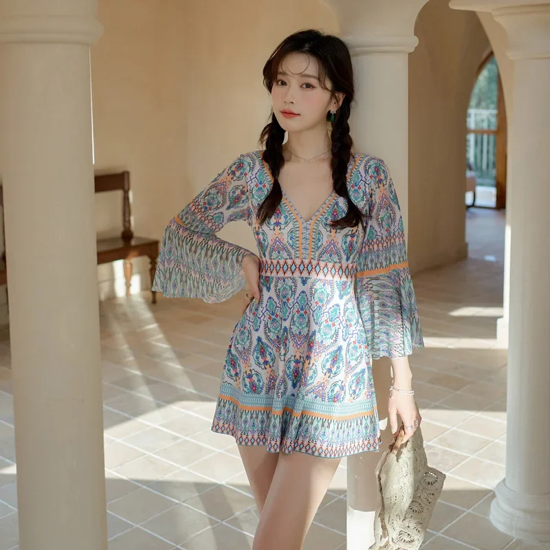 

2025 цельный купальник женский купальник сексуальный рюшами в этническом стиле с принтом купальный костюм корейский монокини боди купальный костюм платье