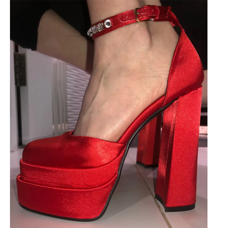 

Red Satin Platform Ankle Strap Rhinestone Block Heel Sandals Square Toe High Heels Pumps Party Evening Dress Mary Jane Shoes