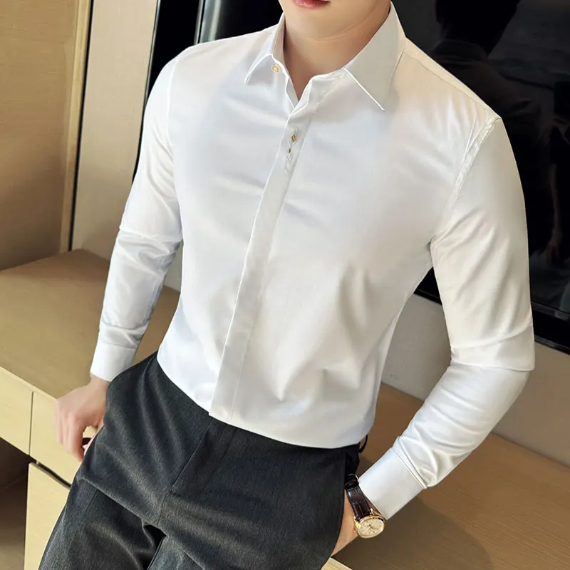 

Bamboo Fiber Shirts For Men High Quality Fashion Embroidery Long Sleeve Men's Social Shirts Slim Fit Casual Prom Tuxedo Big Size