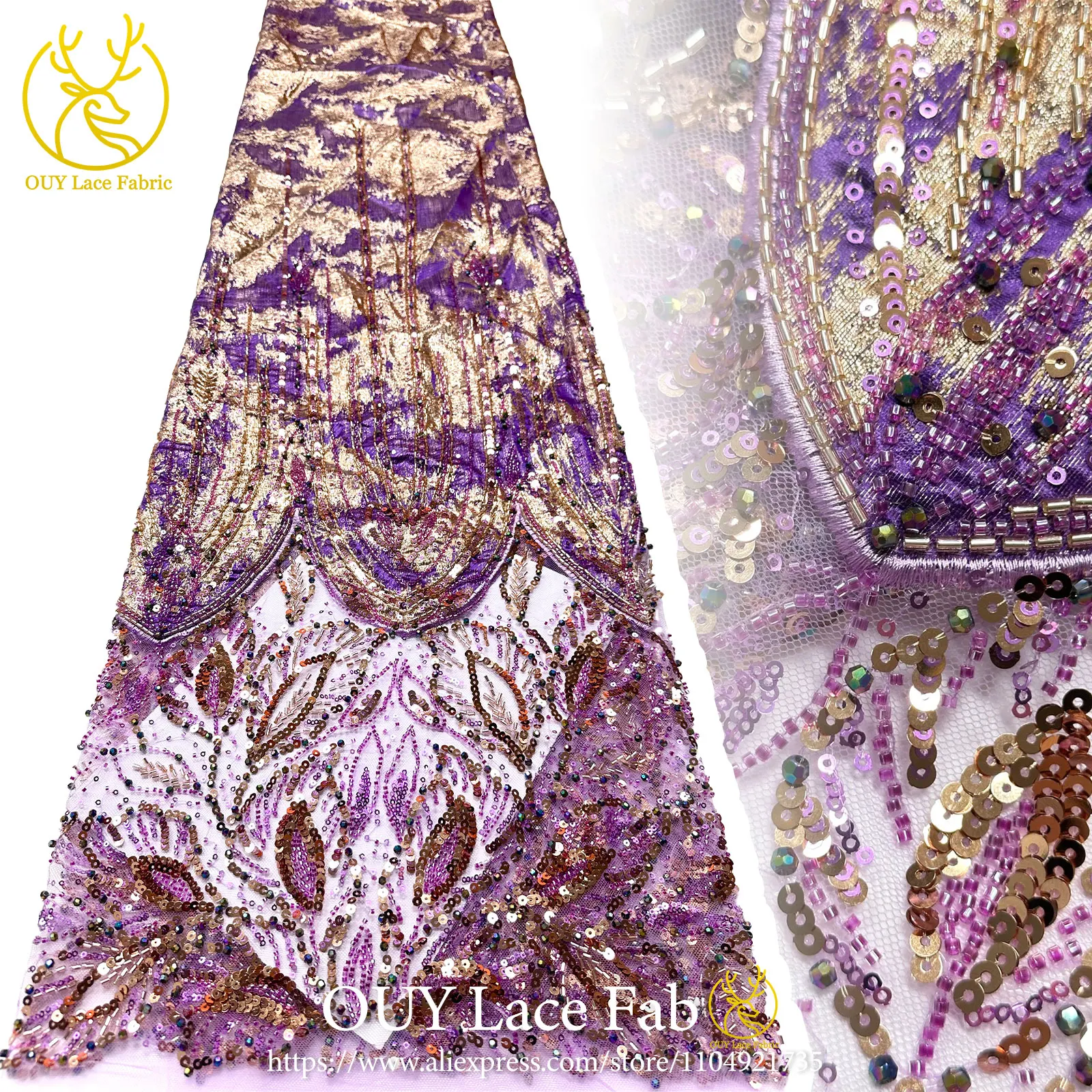 

2026 Luxury African Heavy Beaded Chiffon Lace Fabric Purple Nigerian Sequin Lace Fabric Suitable for Women's Party Dresses