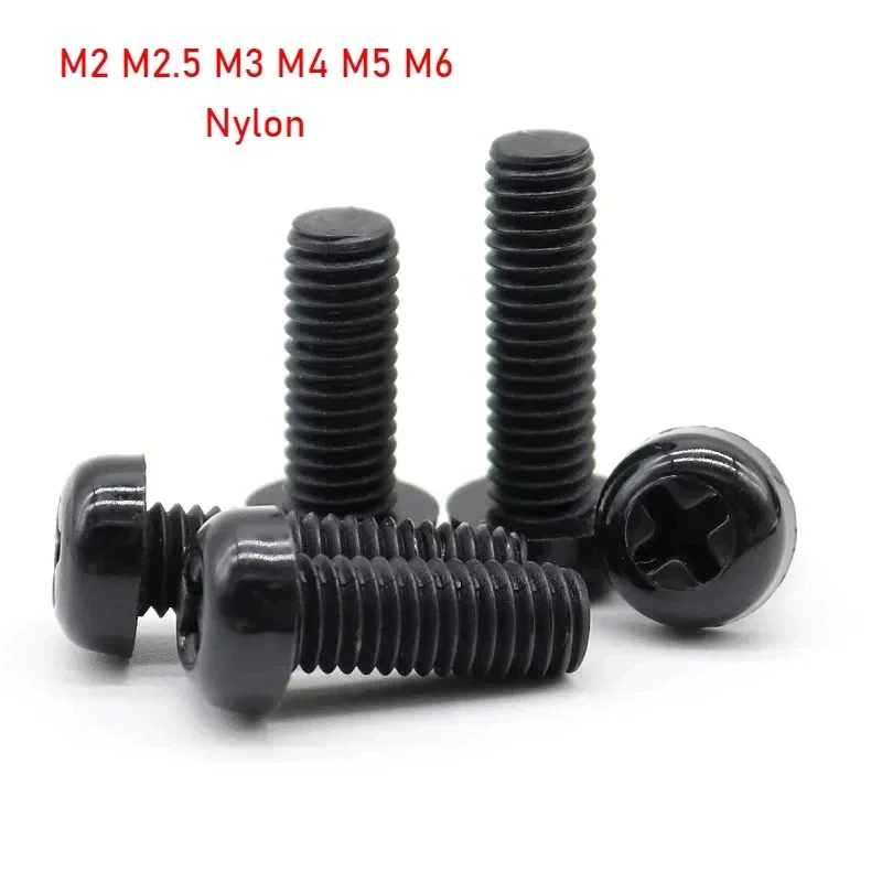 M2-M6 Black Nylon Phillips Round Head Insulated Screws / Corrosion Resistant Plastic Bolts for Electrical Applications