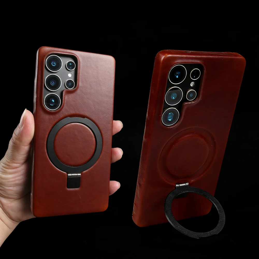 

Магнитный чехол из натуральной кожи с кольцом для Samsung Galaxy S25 Ultra, S24 FE, S23, S22, S21, S20, S25 Plus, Note 20 Ultra