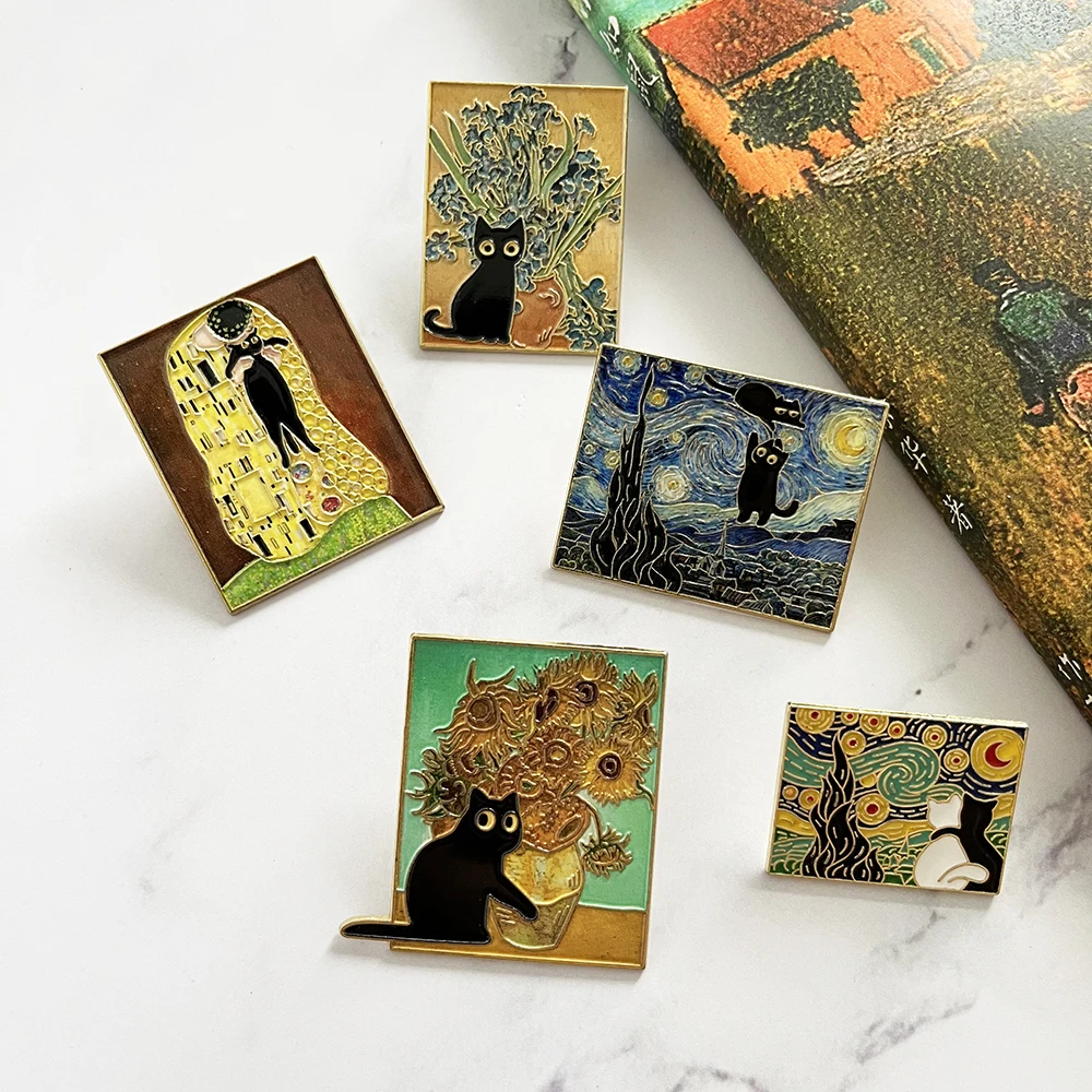 5pcs Famous Painting Black Cat Enamel Pins Set Aesthetic Vintage Sunflower Art Brooches Badge Pins for Backpack fans Collectible view 5