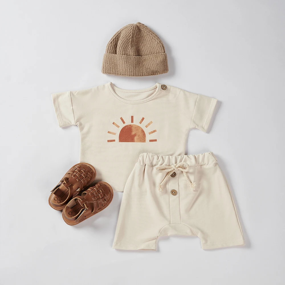 2Pcs Toddler Girl Clothes Set Organic Cotton Ice Cream White Baby Tee Baby Boy Clothing Set Childrens T-shirt+Shorts Pants Bebes