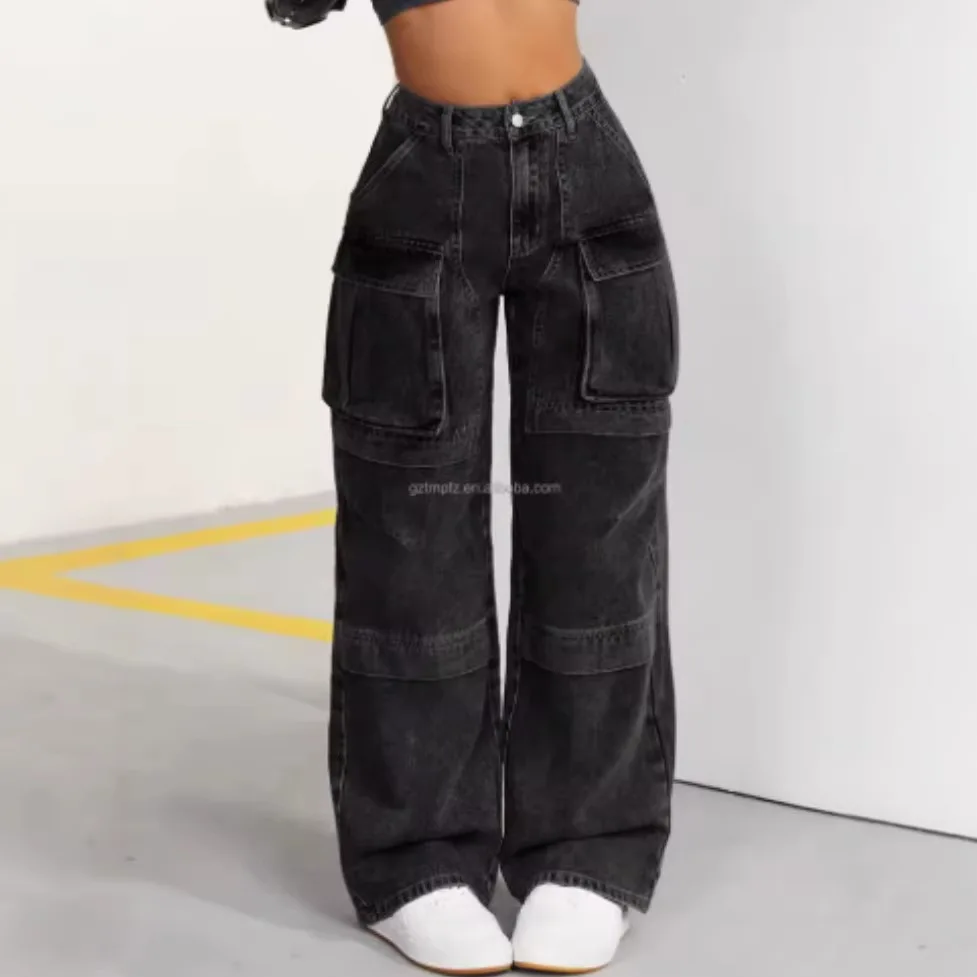 

2026 Spring Summer New Fashion Slim Fit Retro Pocket Washed Straight Cargo Denim Wide Leg Casual Pants