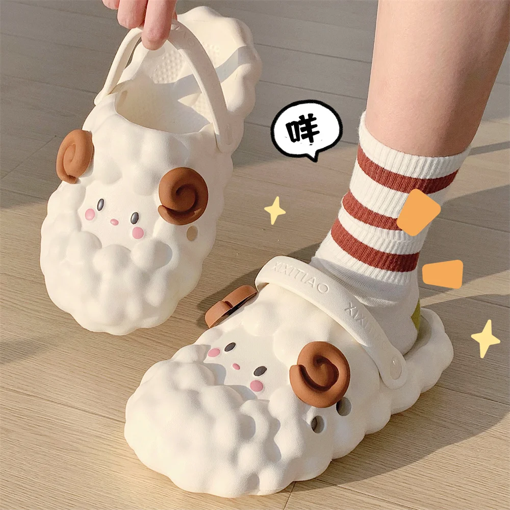 Cute 3D Sheep Slippers For Female Summer Hole Sandal Garden Shoes Outdoor Children Parents Sandals Home Slipper