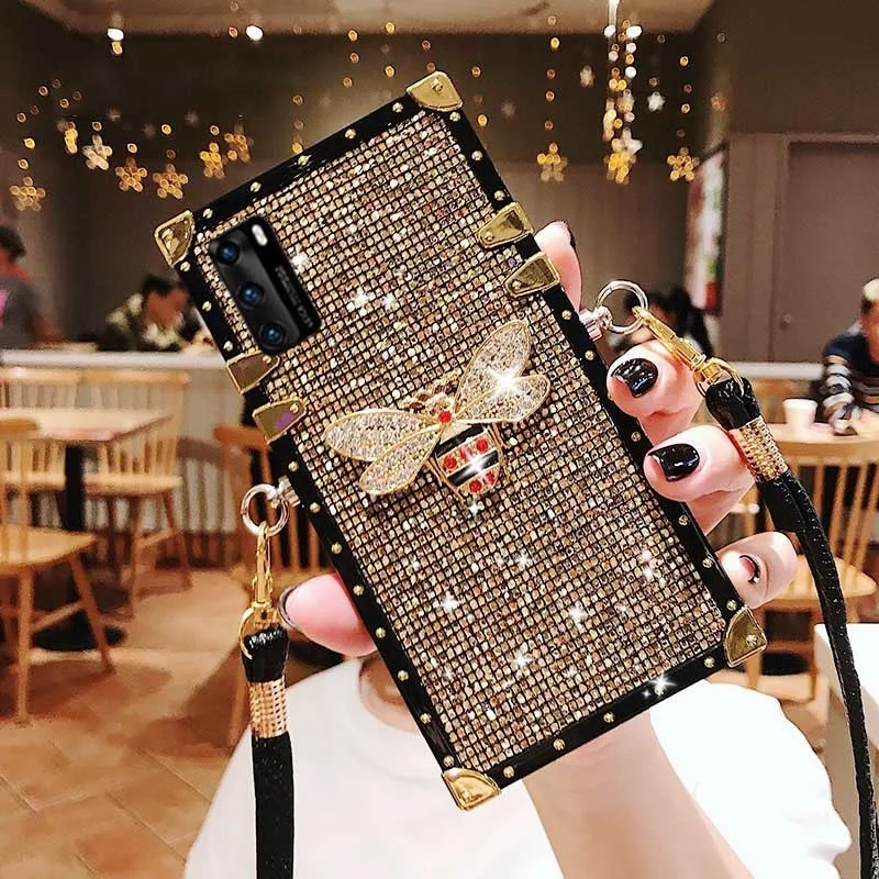 Glitter Diamond Bee Lanyard Phone Case For iPhone 15 14 13 12 11 Pro Max Samsung S24 S23 S22 S21 S20 Plus Ultra Fe Note 20 Cover