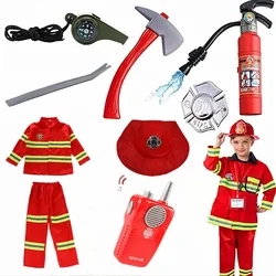 Child Red Firefighter Costume Printed Reflective Stripes Warning Firefighting Uniform with Walkie Talkie Compass Whistle Toys