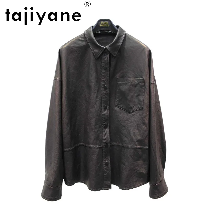 TAJIYANE Genuine Leather Jacket Women Vegetable‑Tanned Sheepskin Leather Coat Vintage Jackets Loose Shirt‑Style Outerwear Косуха