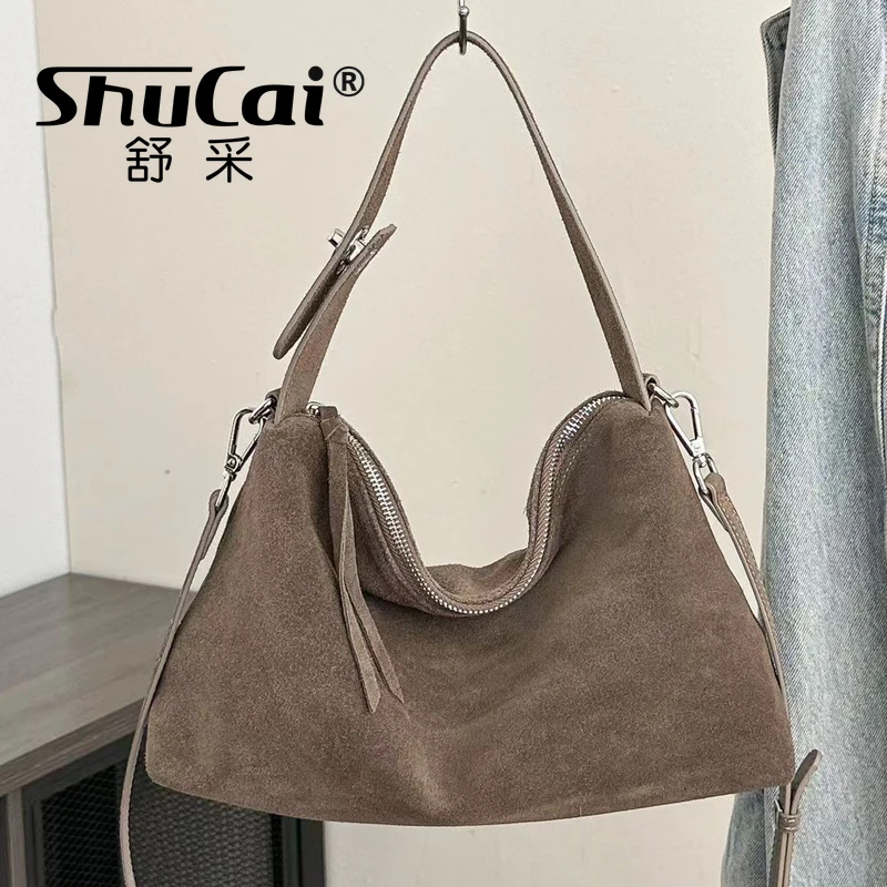 

Fashion Autumn Winter Big Boston Tote Soft Matte Suede Cow Leather Women's Handbag Shoulder Crossbody Bag For Women Grey Brown