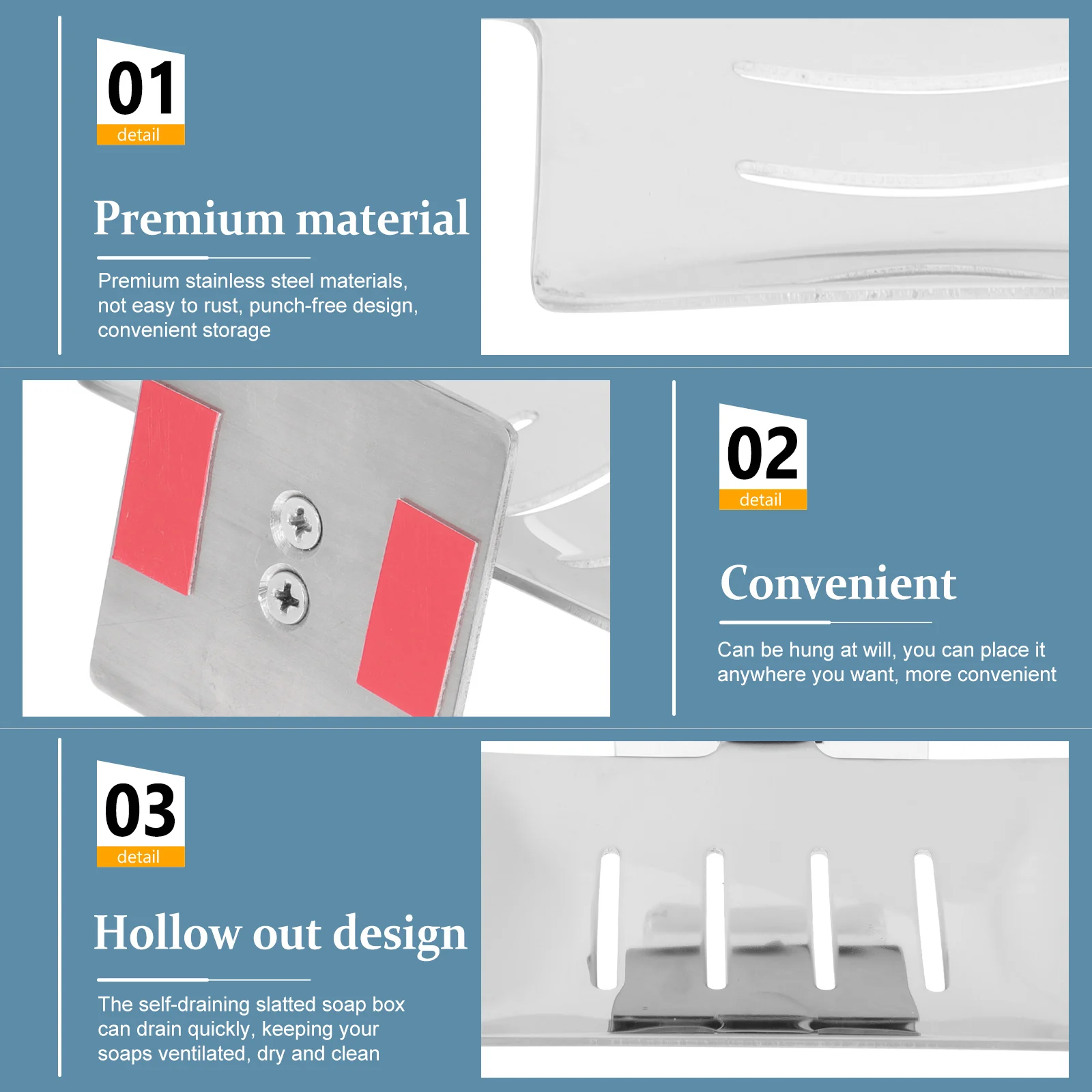 

Stainless Steel Bathroom Soap Holder Punch-Free Self-Draining Rack for Shower Sink Wall-Mounted Soap Dish Organizer