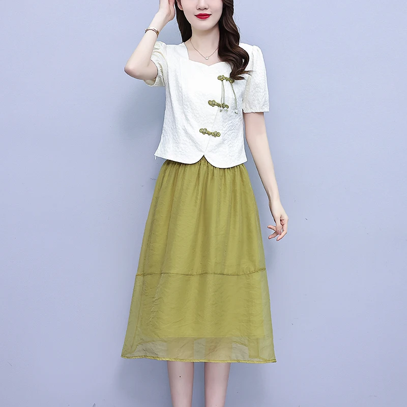 

Summer Two-piece Set For Women Single-breasted Blouse Tops And Skirt Female Large Size Casual Casual Chinese Style Vintage Suits