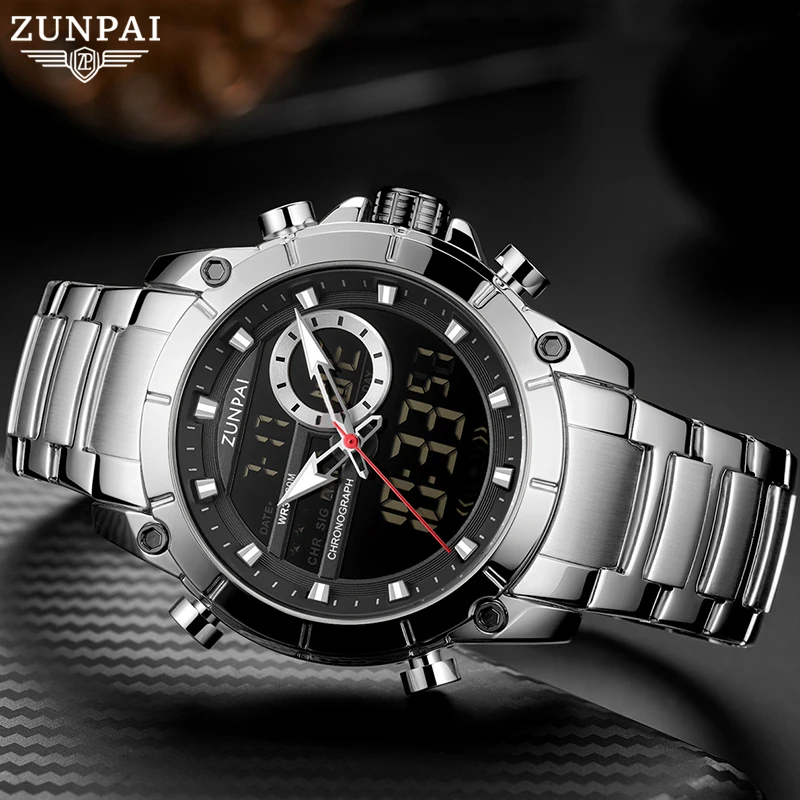 ZUNPAI Original Men\'s Watch Top Brand Luxury Leather Sports Watch Gold Black Men Quartz LED Digital Clock Waterproof Military